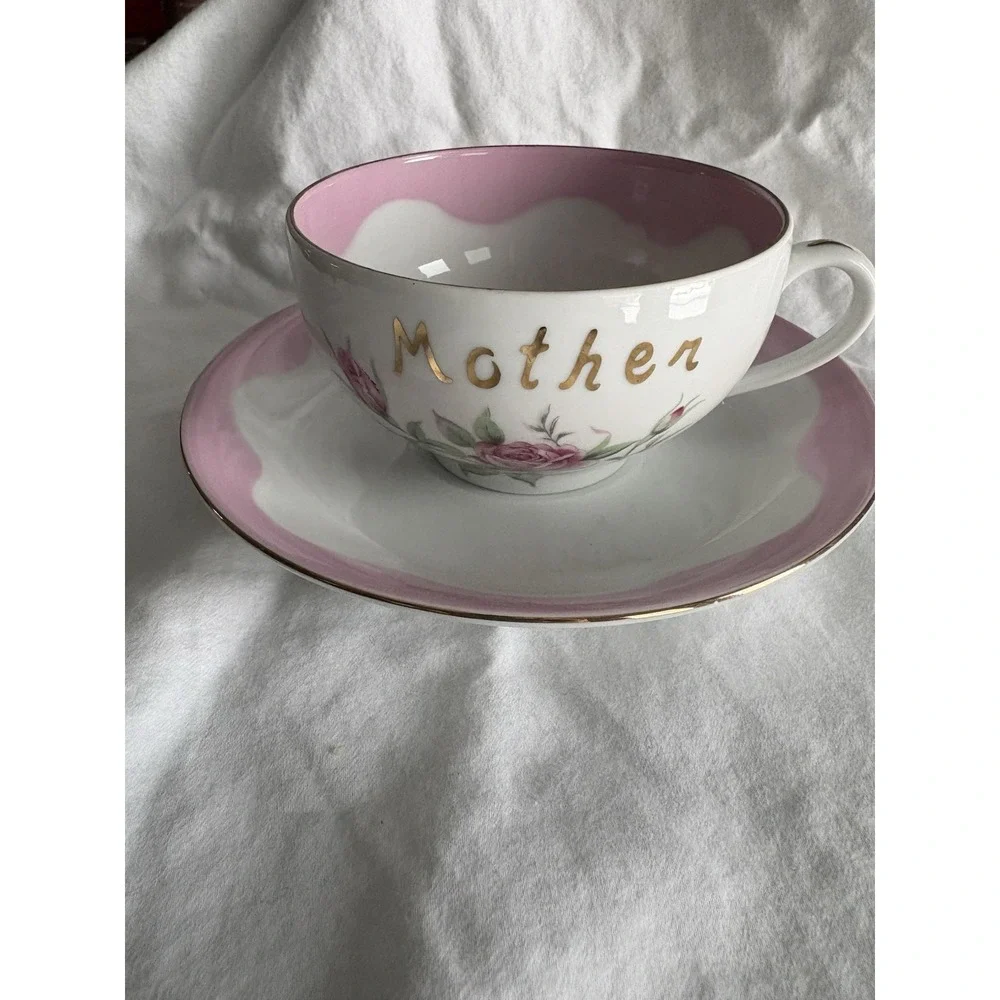 VTG Lefton English Bone China Pink Rose Mother Coffee TeaCup and Saucer‎ Boho LG